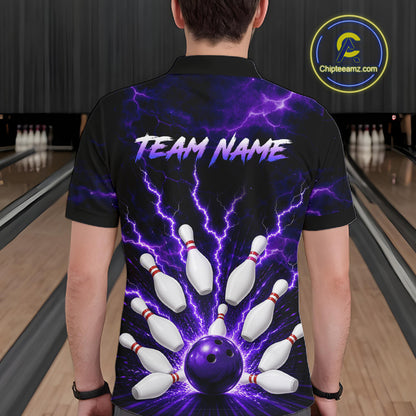Men wearing personalized bowling polo with purple lightning framing a bowling ball and pins beneath team and player names