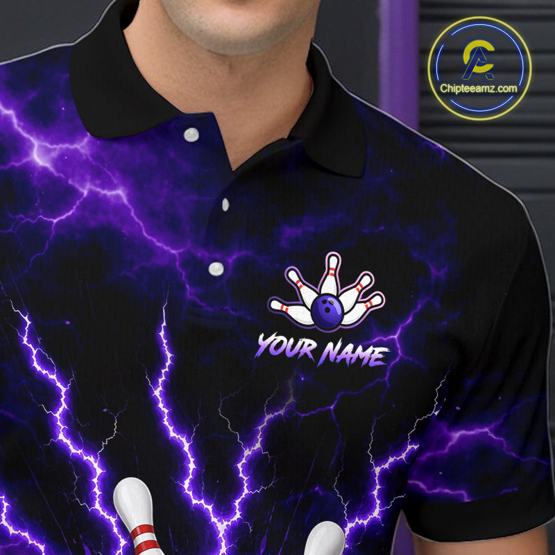 Personalized bowling polo with purple lightning framing a bowling ball and pins beneath team and player names