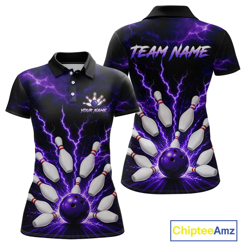 Front and back personalized bowling polo with purple lightning framing a bowling ball and pins beneath team and player names