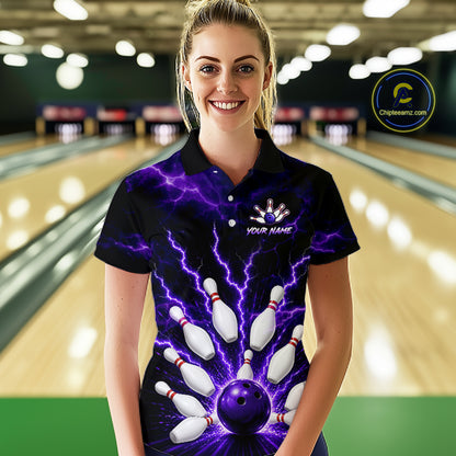 Women wearing personalized bowling polo with purple lightning framing a bowling ball and pins beneath team and player names