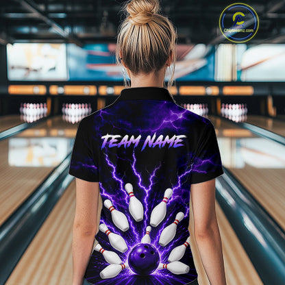 Women wearing personalized bowling polo with purple lightning framing a bowling ball and pins beneath team and player names