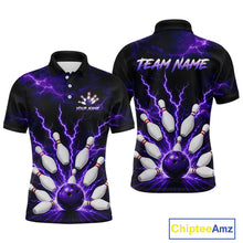 Load image into Gallery viewer, Front and back personalized bowling polo with purple lightning framing a bowling ball and pins beneath team and player names