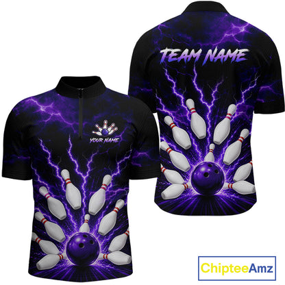 Front and back personalized bowling quarter zip with purple lightning framing a bowling ball and pins beneath team and player names