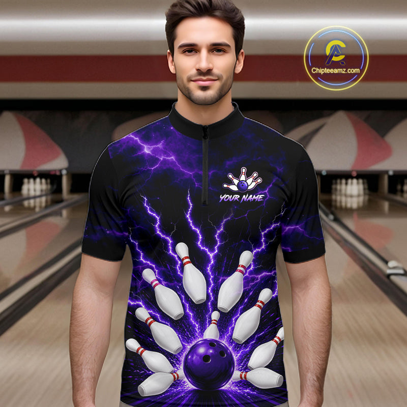 Men wearing personalized bowling quarter zip with purple lightning framing a bowling ball and pins beneath team and player names