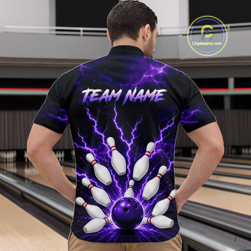 Men wearing personalized bowling quarter zip with purple lightning framing a bowling ball and pins beneath team and player names