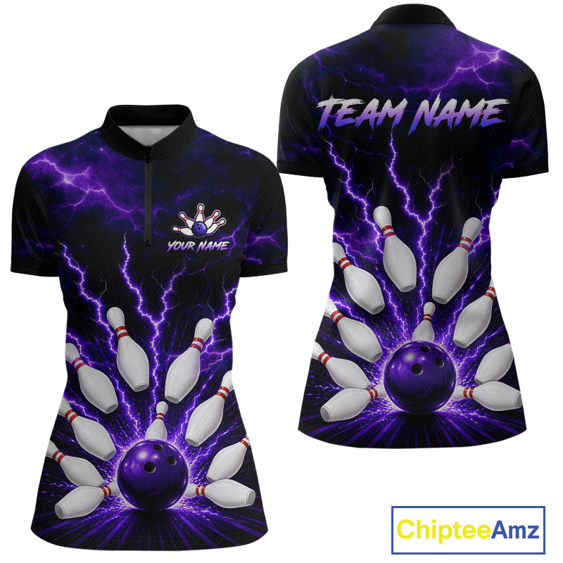 Front and back personalized bowling quarter zip with purple lightning framing a bowling ball and pins beneath team and player names