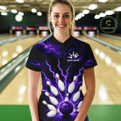 Women wearing personalized bowling quarter zip with purple lightning framing a bowling ball and pins beneath team and player names