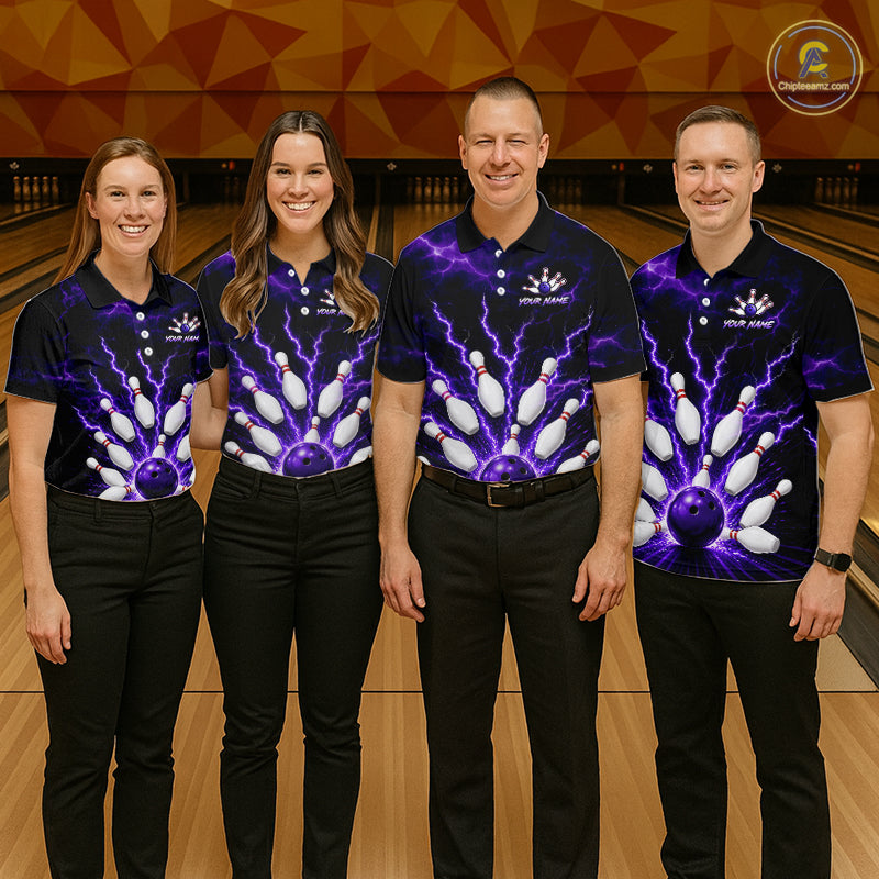 Four people wearing personalized bowling polo with purple lightning framing a bowling ball and pins beneath team and player names