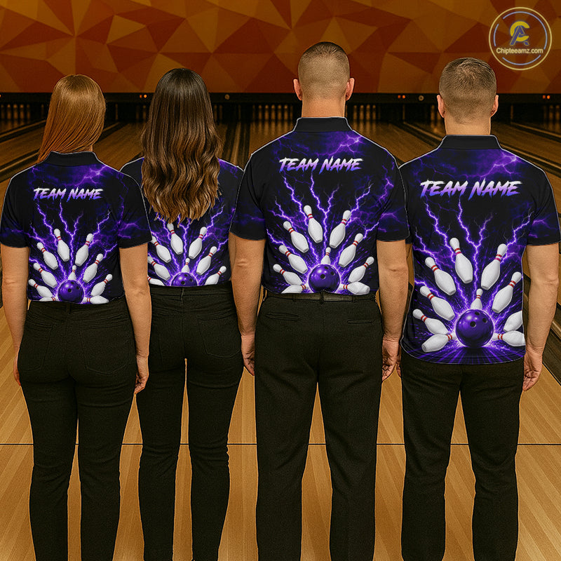 Four people wearing personalized bowling polo with purple lightning framing a bowling ball and pins beneath team and player names