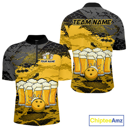 Custom Yellow Beer Bowling Shirts for Men Bowling Team Jersey Bowling League Polo & 1/4 Zip HNT493