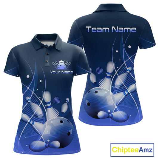 Custom Blue Bowling Jersey for Women Bowling Uniform Bowling Team Shirts Polo & 1/4 Zip HNT168