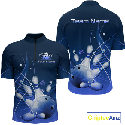 Custom Blue Bowling Jersey for Men Bowling Uniform  Bowling Team Shirts Polo & 1/4 Zip HNT168