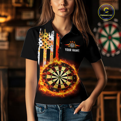 Custom Flame US Flag Darts Shirt for Women Darts Team Jerseys Dart Tournament Polo & 1/4 Zip NNT115
