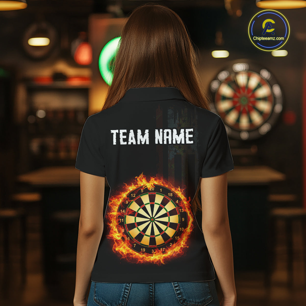 Custom Flame US Flag Darts Shirt for Women Darts Team Jerseys Dart Tournament Polo & 1/4 Zip NNT115