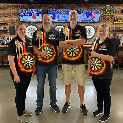 Custom Flame US Flag Darts Shirt for Men Darts Team Jerseys Dart Tournament Polo & 1/4 Zip NNT115