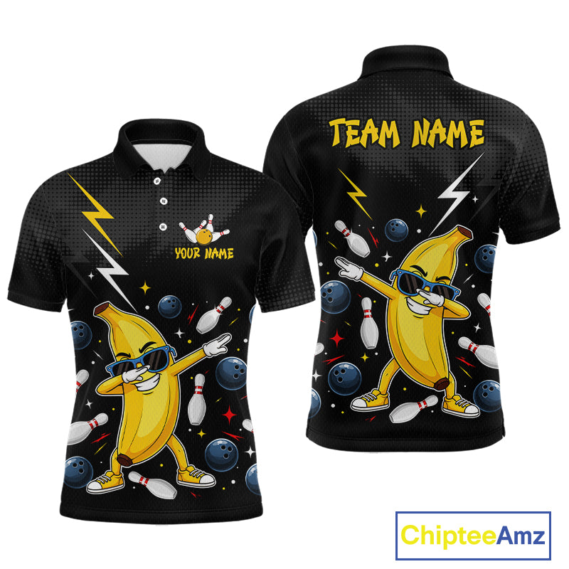 Black polo shirt with a cartoon banana character and bowling elements, featuring 'Team Name' and 'Your Name' text on a white background.