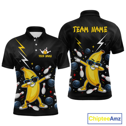 Black polo shirt with a cartoon banana character and bowling elements, featuring 'Team Name' and 'Your Name' text on a white background.