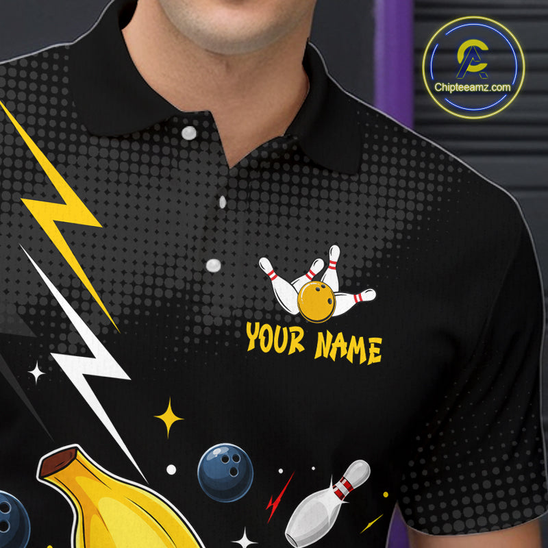 Black polo shirt with colorful graphics and 'Your Name' text on a dark background