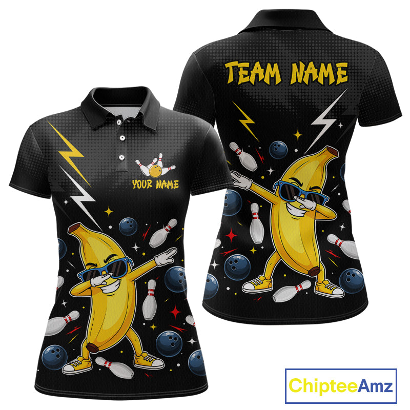 Polo shirt with a banana character and bowling elements on a black background, featuring 'Chiptee Amz' branding.