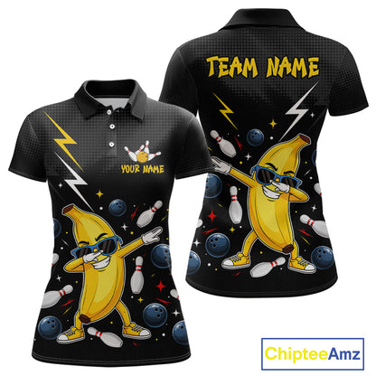 Polo shirt with a banana character and bowling elements on a black background, featuring 'Chiptee Amz' branding.