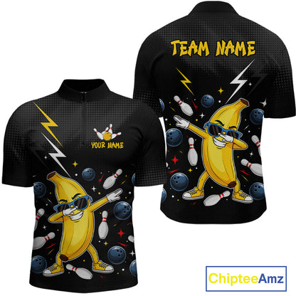 Black quarter zip shirt with a cartoon banana character and bowling elements, featuring 'Team Name' and 'Your Name' text on a white background.
