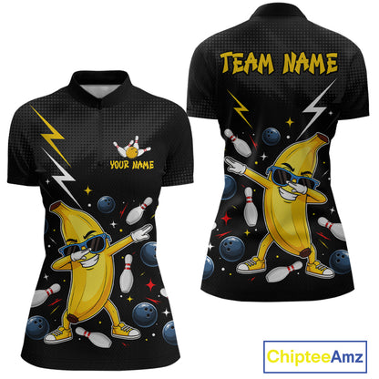 Black quarter zip shirt with a banana character and bowling elements, featuring 'Your Name' and 'Team Name' text on a white background.