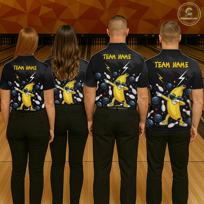 Four people wearing black bowling polo with a yellow banana character and 'Team Name' text on a bowling alley background.