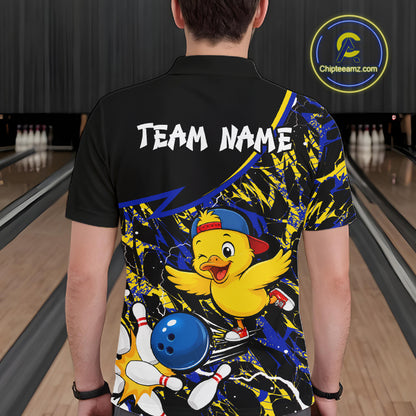 Person wearing a colorful bowling-themed shirt with a cartoon duck character in a bowling alley.