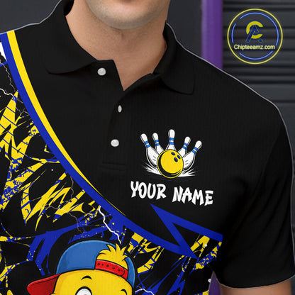 Black polo shirt with a bowling design and space for personalization, featuring a brand logo in the corner.