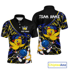 Load image into Gallery viewer, Black polo shirt with cartoon duck character and bowling elements, customizable text on a white background.