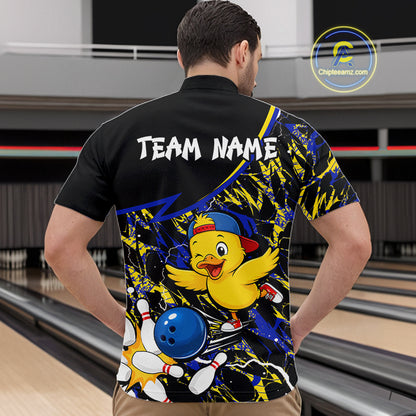 Person wearing a colorful bowling shirt with a duck graphic in a bowling alley.