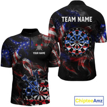Load image into Gallery viewer, Front and back views of a black darts quarter zip featuring patriotic American flag smoke graphics, dartboards, blue darts, and custom team and player name text.