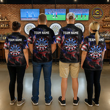 Load image into Gallery viewer, Man wearing a black darts polo featuring patriotic American flag smoke graphics, dartboards, blue darts, and custom team and player name text.