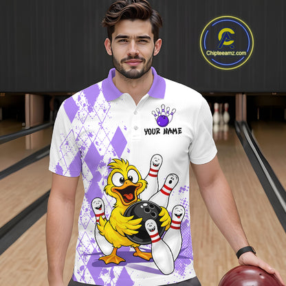 A man wearing a white and purple bowling-themed polo shirt with a cartoon yellow duck holding a bowling ball, set against a bowling alley background. A circular 'Chipleamz.