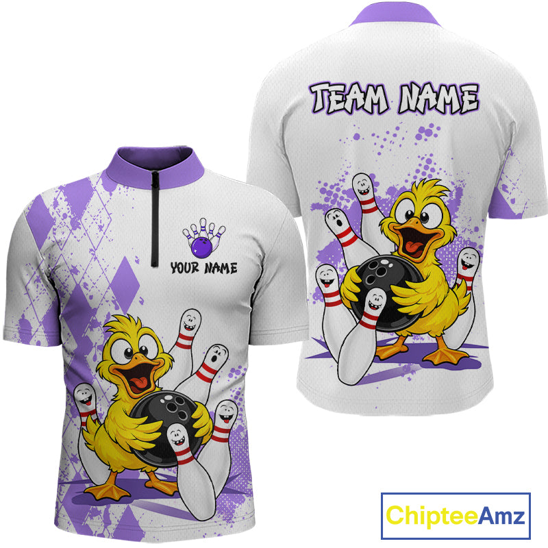 Front and back views of a white and purple short-sleeve bowling-themed polo shirt with a cartoon yellow duck holding bowling balls and pins, plus customizable text areas on the chest and back.
