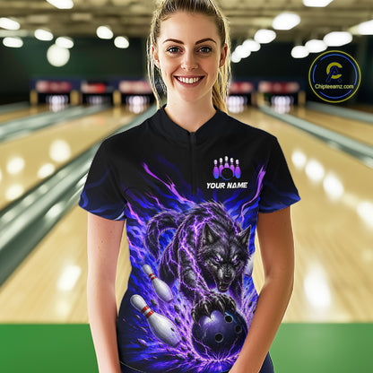 Custom Purple Thunder Wolf Bowling Jersey for Women Bowling Team Shirts Bowling Polo & 1/4 Zip HNT501
