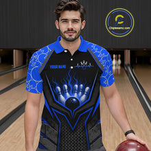 Load image into Gallery viewer, Man wearing a blue and black bowling shirt with a personalized design in a bowling alley.