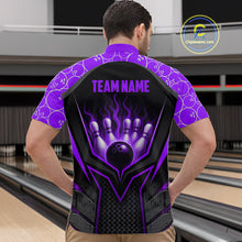 Load image into Gallery viewer, Person wearing a purple and black bowling jersey with 'TEAM NAME' text at a bowling alley.