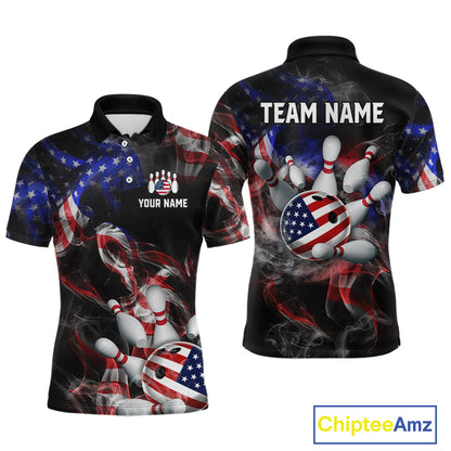 Front and back views of a black patriotic bowling polo with smoky flag graphics, custom team text, and an American flag bowling ball striking pins.