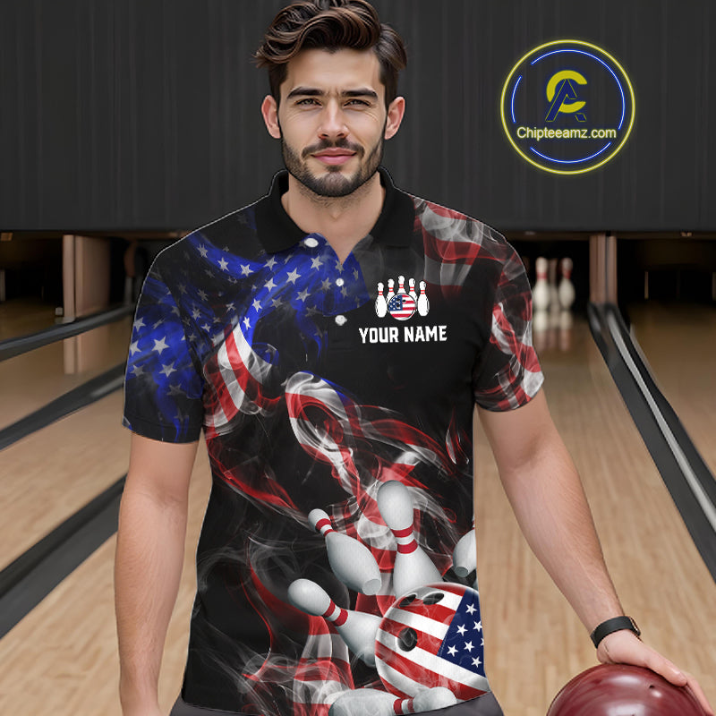 Man in a bowling-themed shirt with American flag design on a bowling alley.