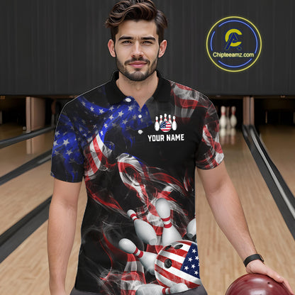 Man in a bowling-themed shirt with American flag design on a bowling alley.