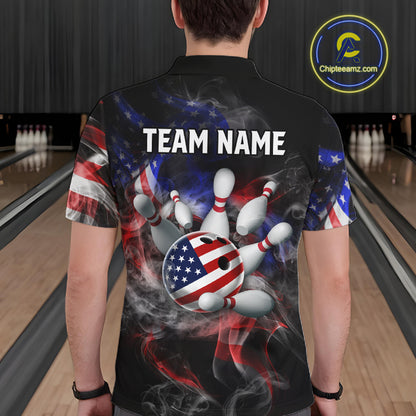 Person wearing a bowling shirt with American flag design and 'TEAM NAME' text in a bowling alley.