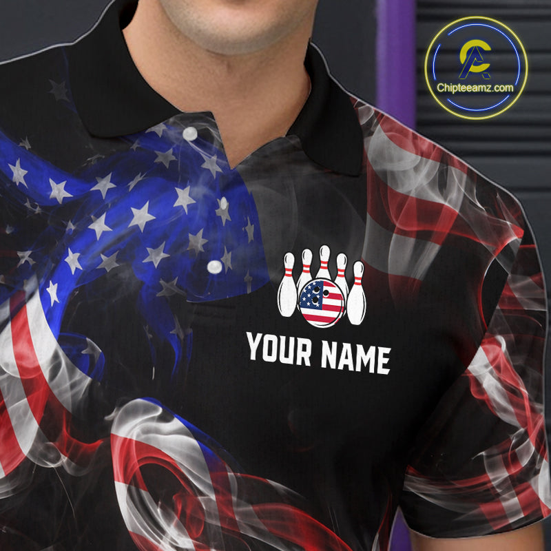 Black polo shirt with American flag design and bowling graphic, featuring 'Your Name' text, on a colorful smoke background.