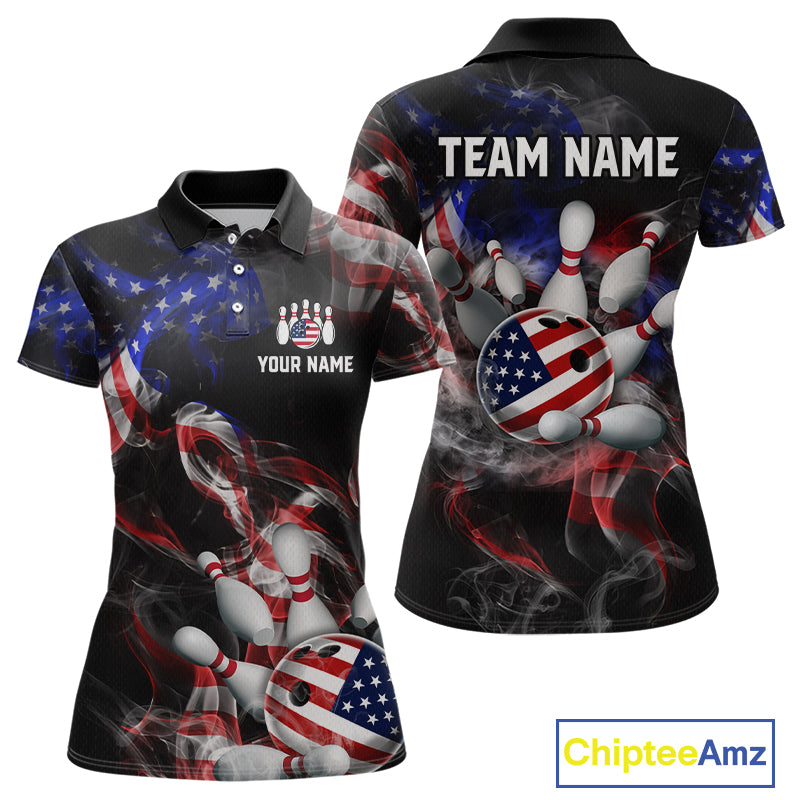 Front and back views of a black patriotic bowling polo with smoky flag graphics, custom team text, and an American flag bowling ball striking pins.