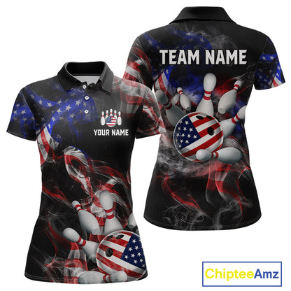 Front and back views of a black patriotic bowling polo with smoky flag graphics, custom team text, and an American flag bowling ball striking pins.