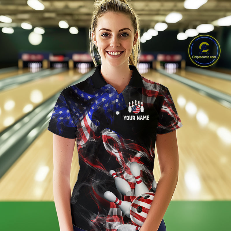 Woman wearing a personalized bowling shirt with an American flag design in a bowling alley.