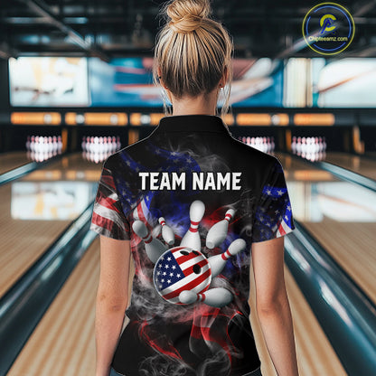 Person wearing a bowling-themed shirt with 'Team Name' text in a bowling alley.