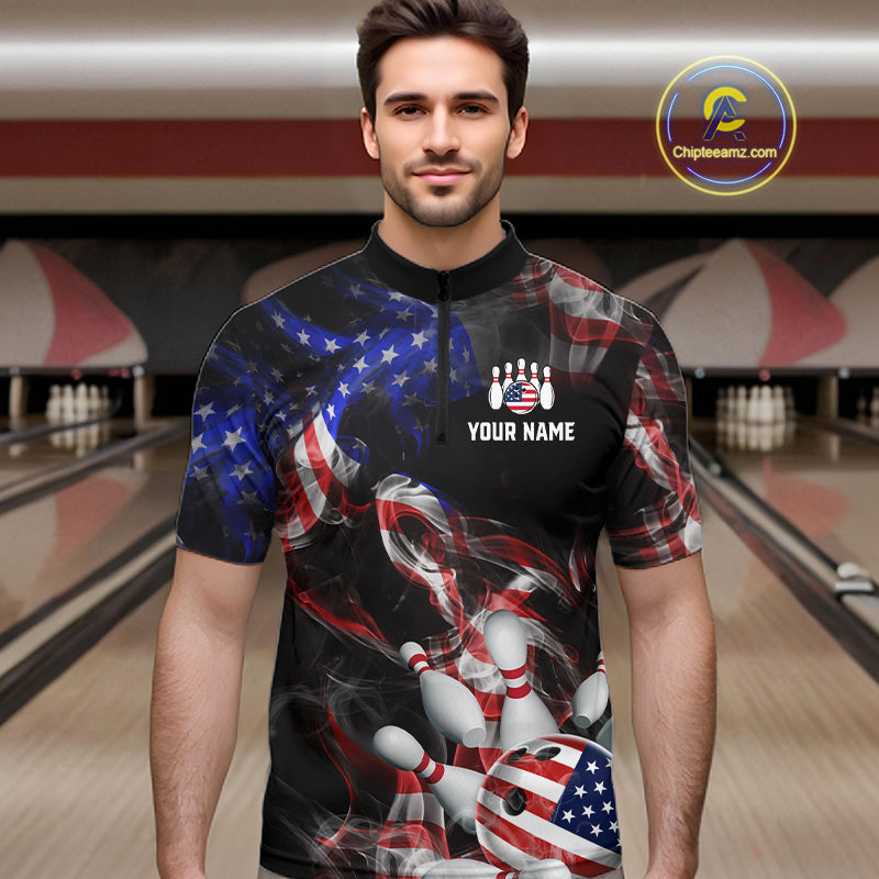 Man wearing a custom bowling shirt with American flag design in a bowling alley.