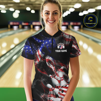 Woman wearing a custom bowling shirt with American flag design and 'Your Name' text in a bowling alley.