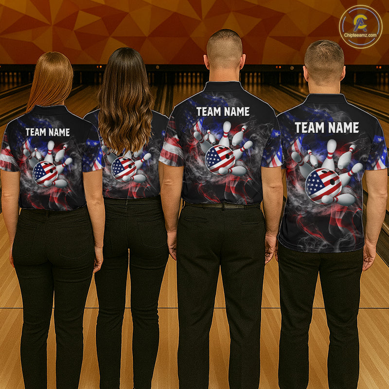 Four people wearing bowling shirts with 'Team Name' text and American flag design on a bowling alley background.